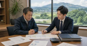 熊本M&Aの事業承継ロードマップを確認する経営者と専門家のイメージ