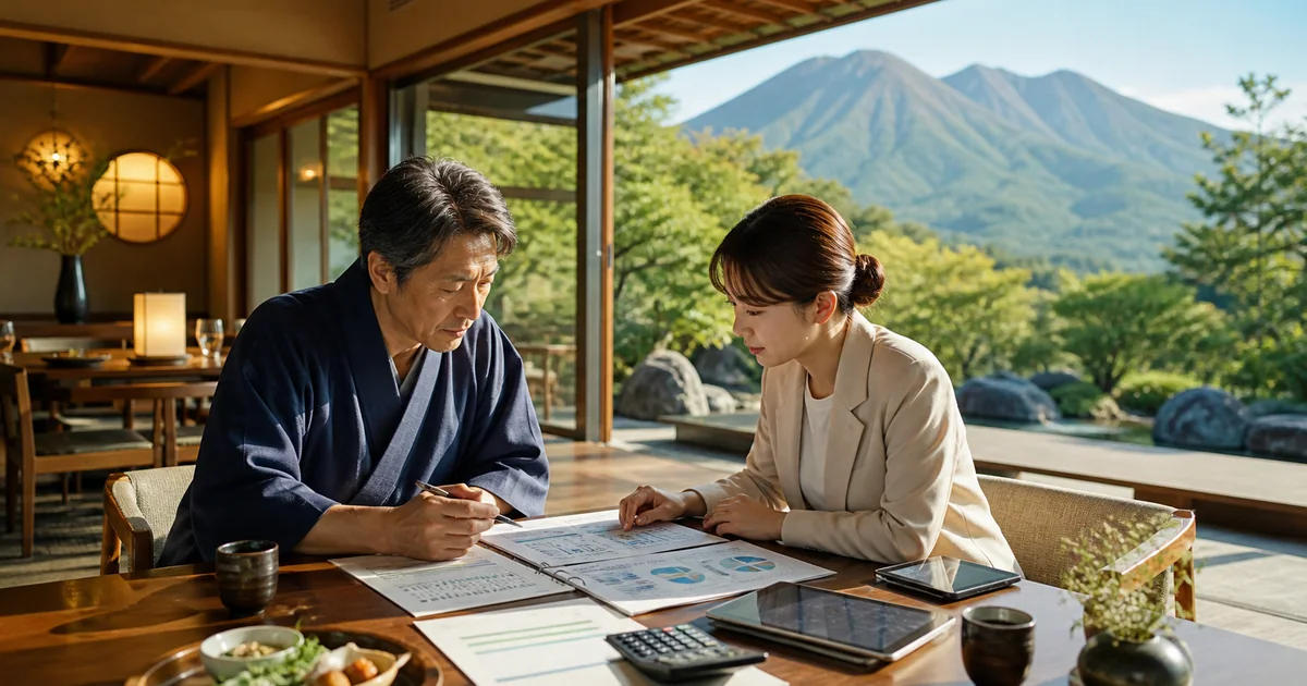 熊本の観光M&Aで旅館の事業計画を確認する経営者と専門家のイメージ