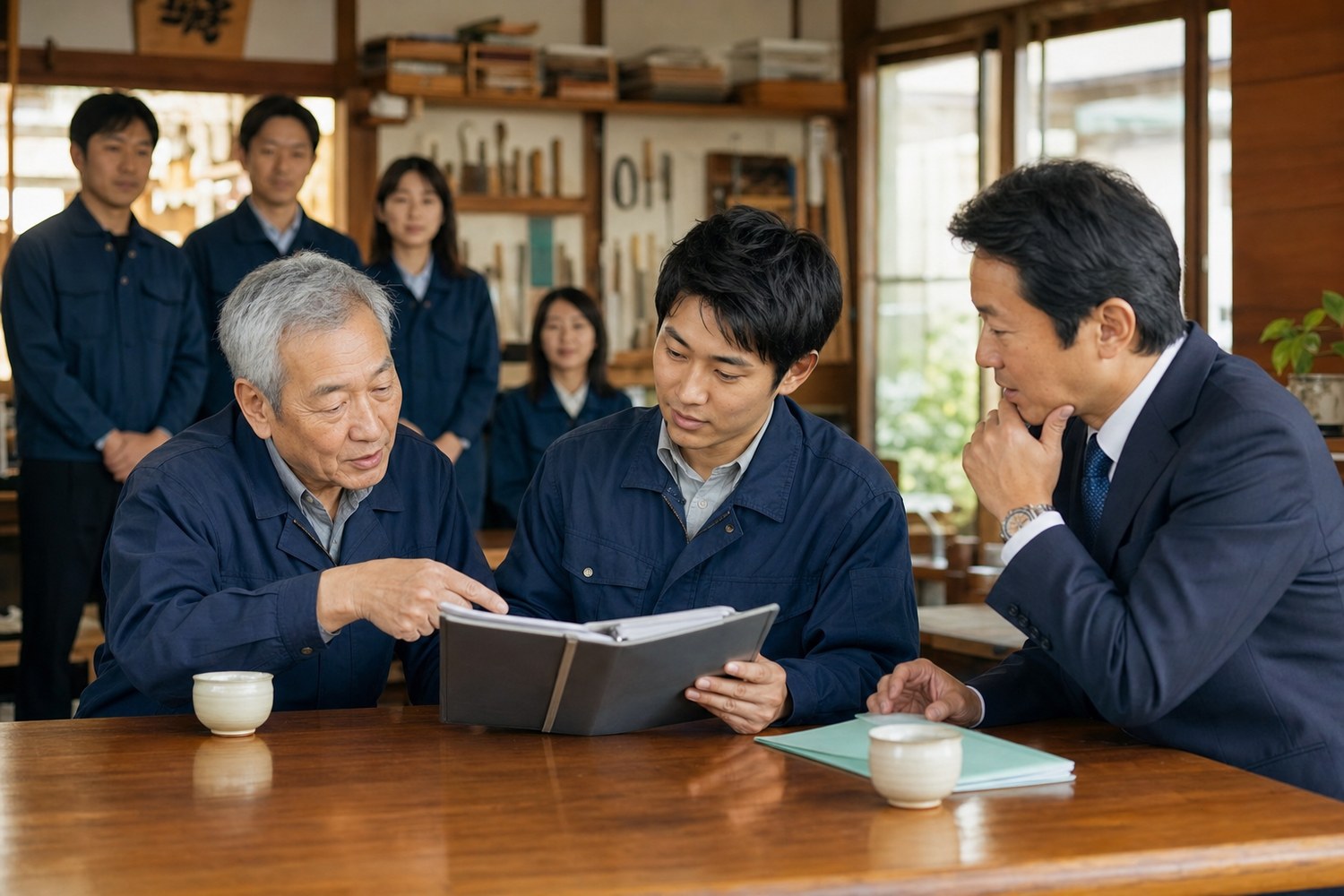 熊本の地域企業で事業承継の引継ぎ資料を確認する先代と後継者