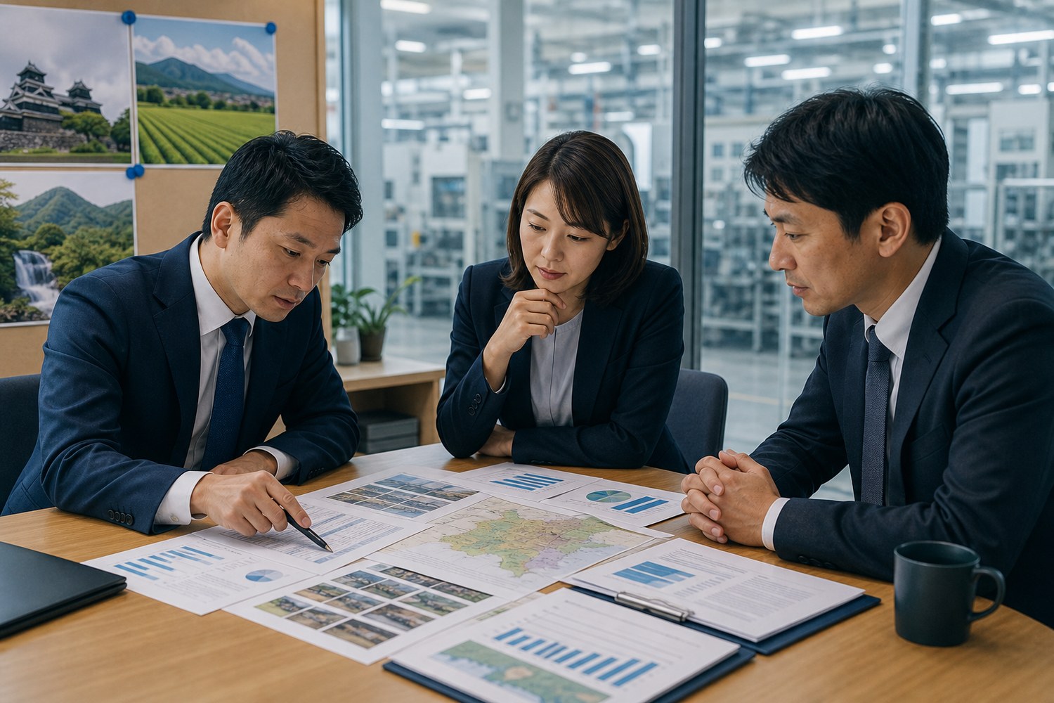 熊本の地域産業資料と事業データを確認するM&A担当者